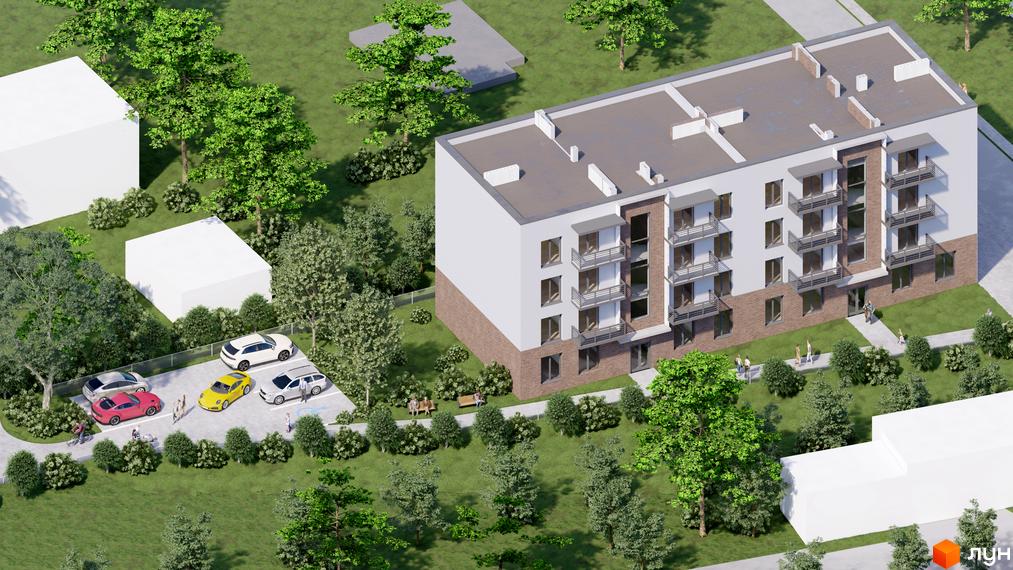 Житловий комплекс Галицька Сіті з біло-коричневим фасадом, балконами та прибудинковою територією з зеленими насадженнями, парковкою та місцями для відпочинку.