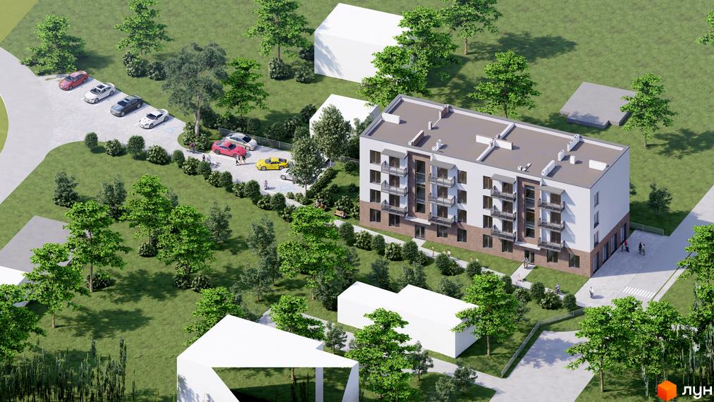 Багатопоповерховий житловий будинок Житлового комплексу Галицька Сіті з білим та цегляним фасадом, оточений зеленими насадженнями, пішохідними доріжками та парковкою.