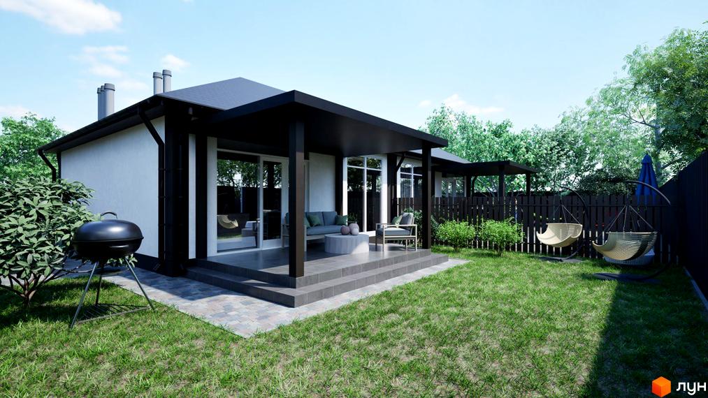 Зображення будинку в Котеджному містечку Золотий Ключ. На фото видно терасу, газон та зону відпочинку з гойдалками.