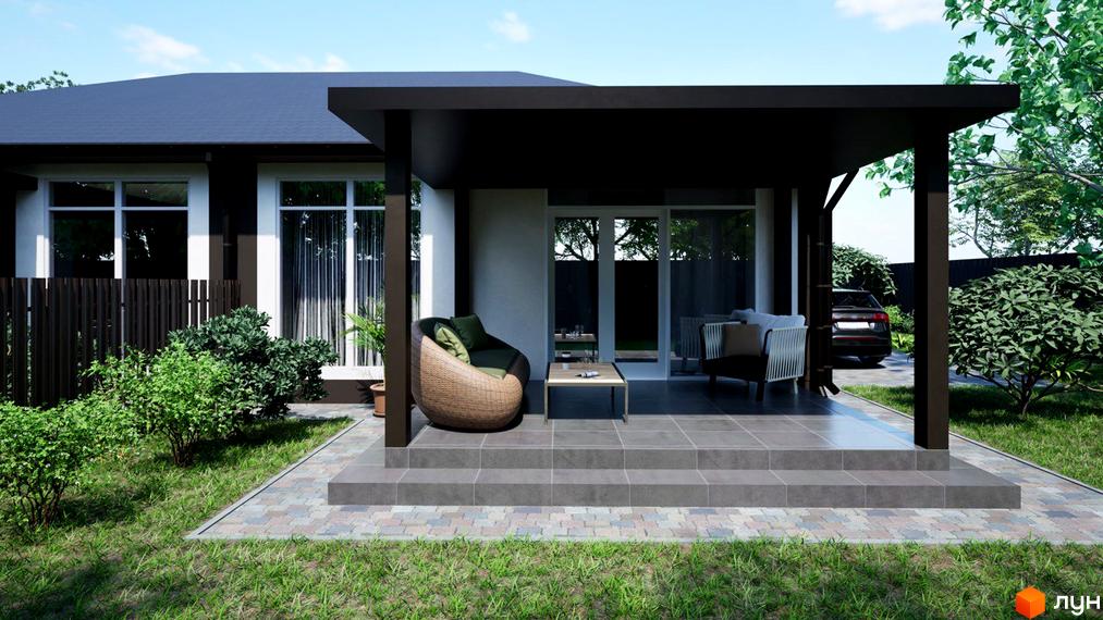 Зображення будинку в Котеджному містечку Golden Key з терасою, меблями та доглянутою прибудинковою територією з газоном та рослинами.