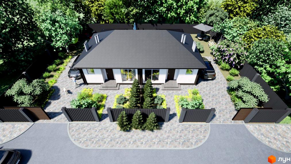 Зображення будинку в Котеджному містечку Золотий Ключ. Двоповерховий будинок з сірим дахом та доглянутою прибудинковою територією з рослинами та бруківкою.