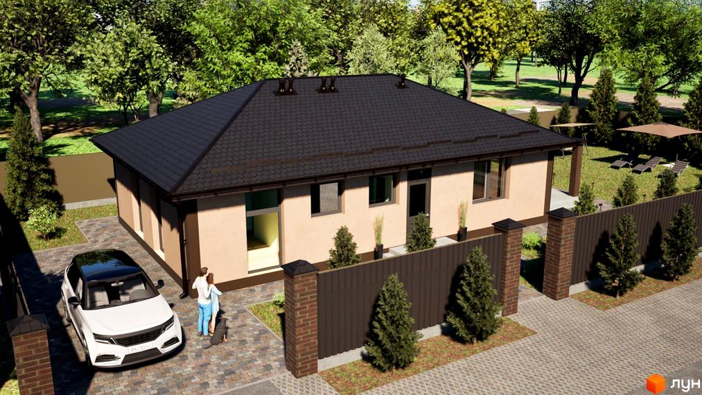 Котеджне містечко Золотий Ключ: окремий будинок з темним дахом та світлими стінами. На подвір'ї бруківка, газон та дерева.