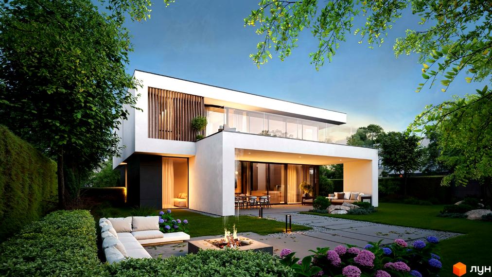 Котеджне містечко NAVARIA LUX з білим фасадом, скляним балконом та зеленою прибудинковою територією з квітами та зоною відпочинку.