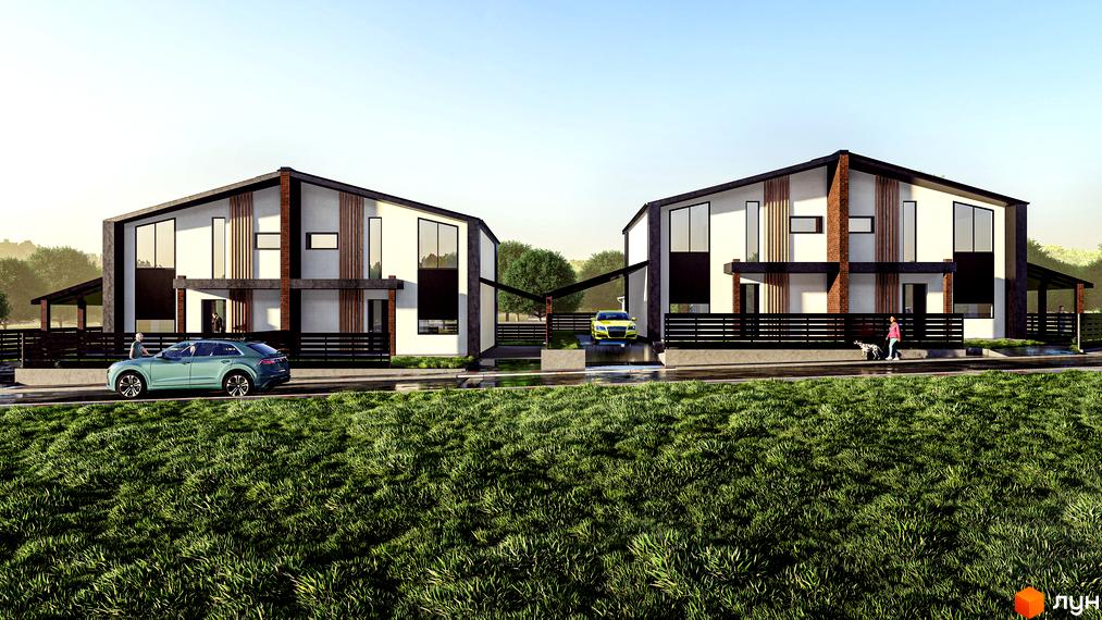 Двоповерхові будинки з білими стінами та чорним дахом. Перед будинками газон та чорний паркан. На території припарковані автомобілі.