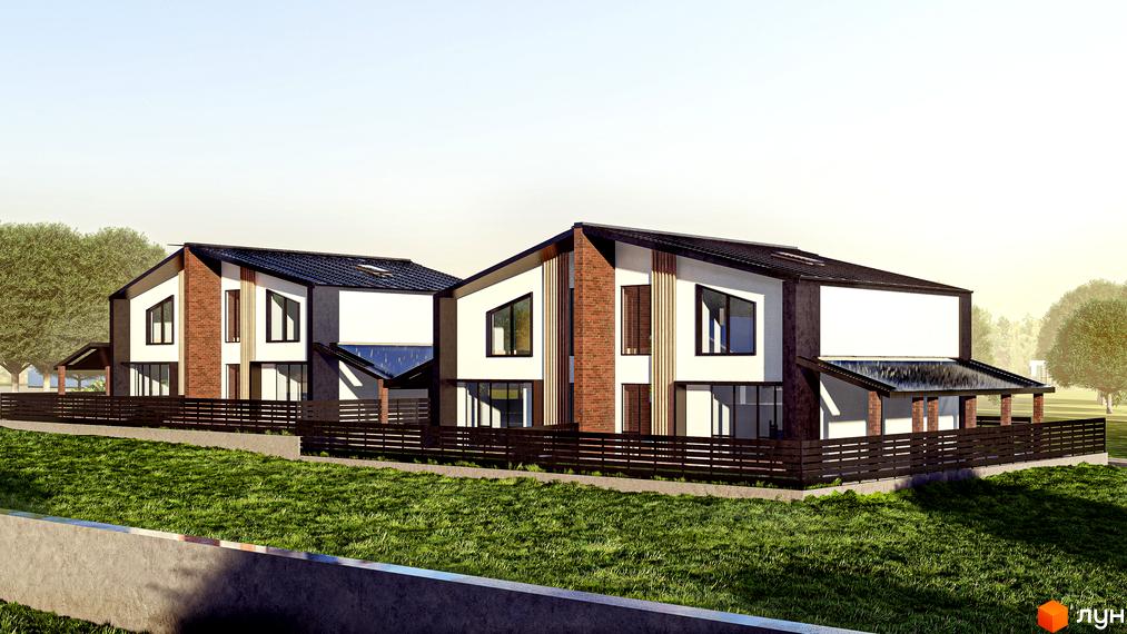 Зображення сторінки житлового комплексу КМ Давидів Хілс. Двоповерхові будинки з білими стінами, чорним дахом та цегляними вставками, розташовані на зеленій галявині.