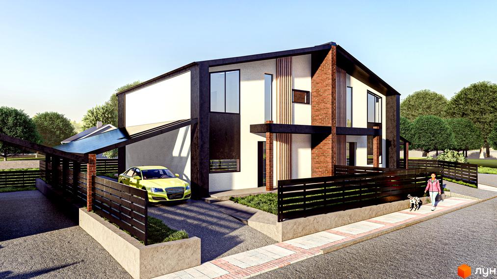 Двоповерховий будинок Котеджного містечка Давидів Хілс з білими фасадами, темним каркасом та цегляними вставками. На подвір'ї авто під навісом з сонячними панелями.