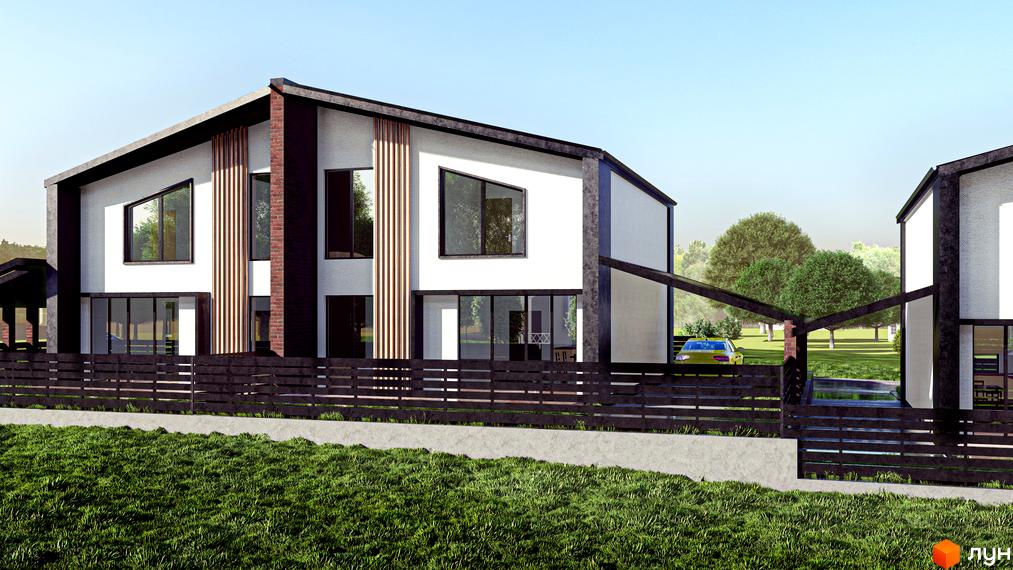 Котеджне містечко Давидів Хілс. Двоповерховий будинок з білими стінами, чорним дахом та панорамними вікнами. Перед будинком газон та паркан.