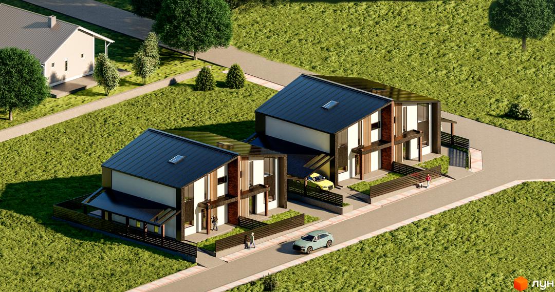 Котеджне містечко Давидів Хілс. Двоповерхові будинки з темною покрівлею та світлими фасадами, огороджені низьким парканом. На території зелені газони та дерева.