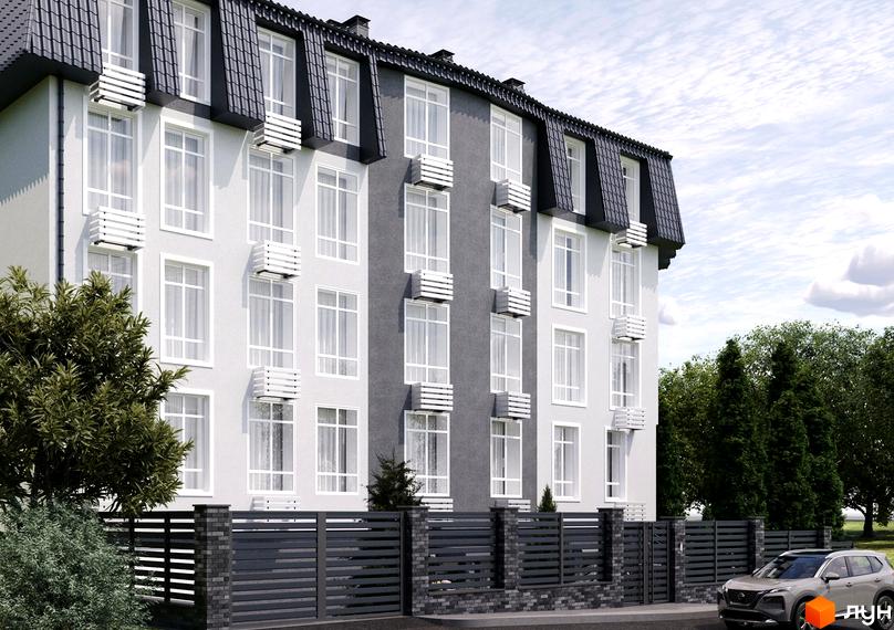 Зовнішній вигляд Комплексу SMART CLUB з великими вікнами та балконами. На передньому плані видно огорожу та зелені насадження.