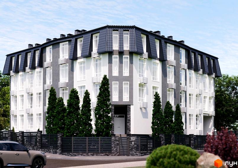 Зовнішній вигляд чотириповерхового будинку в Житловому комплексі SMART CLUB. Навколо будинку висаджені дерева.