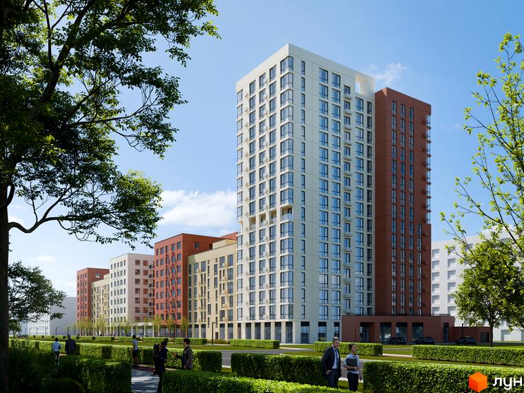 Житловий комплекс City House: фасади будівель з панорамними вікнами та прибудинкова територія з зеленими насадженнями та пішохідними доріжками.