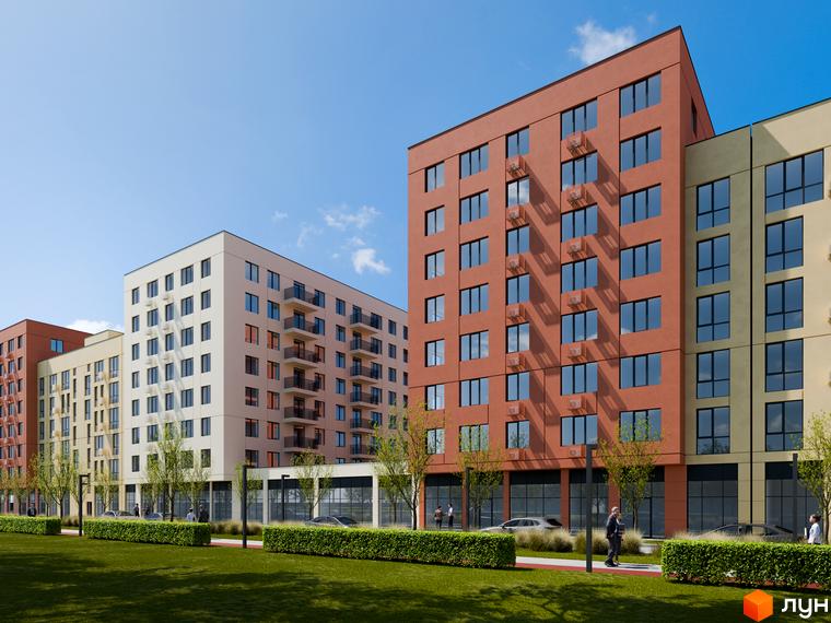 Зовнішній вигляд новобудови ЖК City House з фасадами різних кольорів та прибудинковою територією із зеленими насадженнями та доріжками.