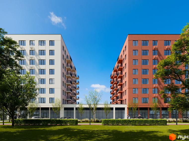 Зовнішній вигляд новобудови ЖК City House з цегляним фасадом та білим фасадом, зелена прибудинкова територія з деревами та газоном.