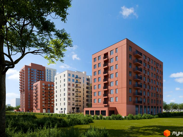 Новобудова City House з фасадами теракотового та білого кольорів, з балконами та кондиціонерами, на тлі блакитного неба з хмарами. Навколо зелений газон та дерева.