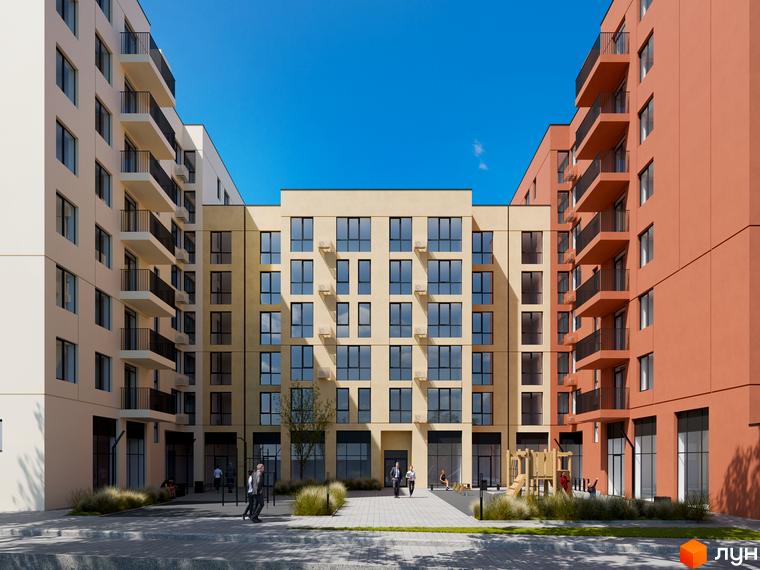 Новобудова ЖК City House з фасадами бежевого та цегляного кольору, балконами та прибудинковою територією з дитячим майданчиком.