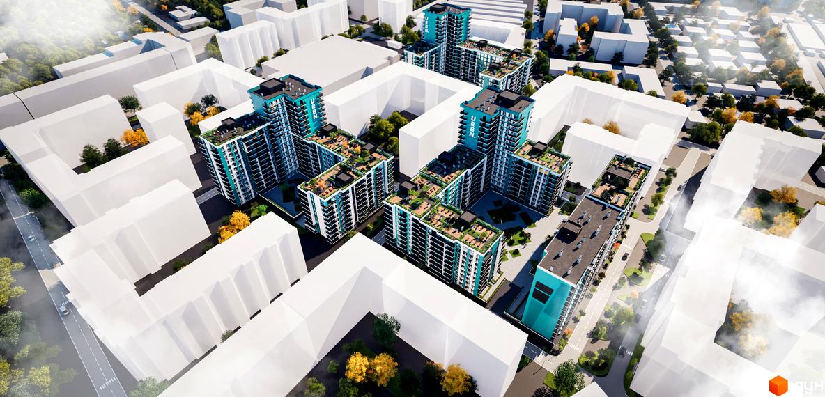 Аерофото Житлового комплексу URBN: багатоповерхові будинки з бірюзовими фасадами, балконами та зеленими дахами. Внутрішні двори з озелененням.