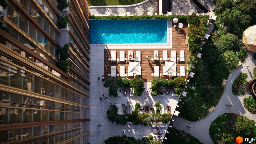 Житловий комплекс THE ONE з басейном та зоною відпочинку на території. Сучасна архітектура будівлі та доглянута прибудинкова територія з зеленню.