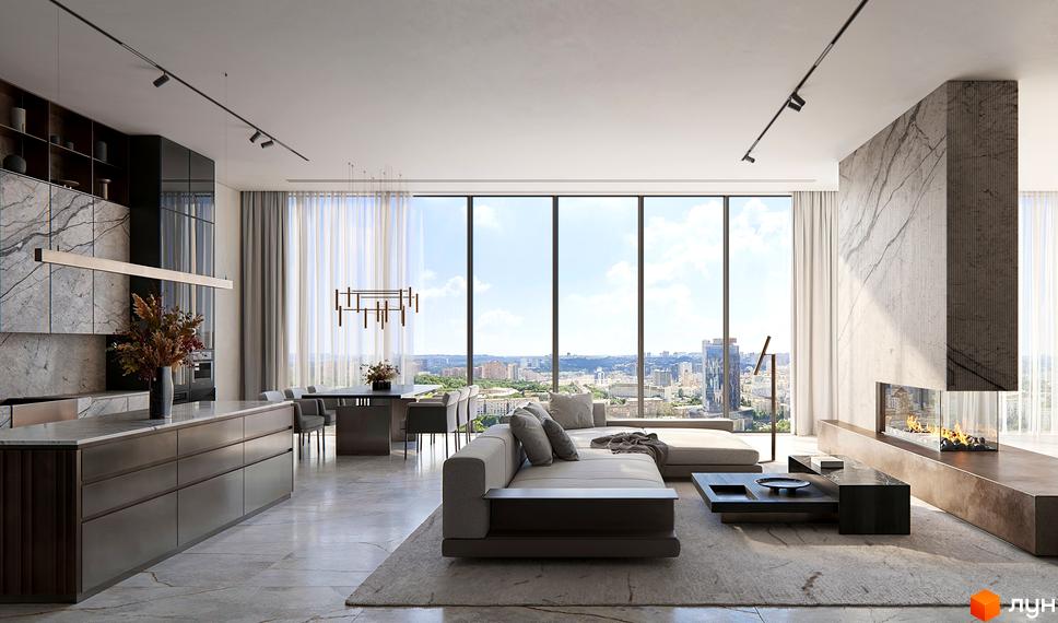 Інтер'єр квартири в житловому комплексі THE ONE з панорамними вікнами та видом на місто. Сучасний дизайн кухні-вітальні з каміном та обідньою зоною.