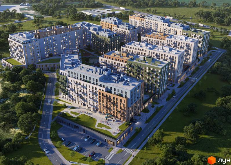 Високоповерхові будинки житлового комплексу Well Place з фасадами різних кольорів. На території комплексу є парковка, зелені зони та дорога.