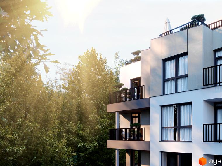 Клубний будинок Forest Etalon Club. Багатоквартирний будинок з білими та сірими фасадами, чорними вікнами та балконами, розташований серед густих зелених дерев.