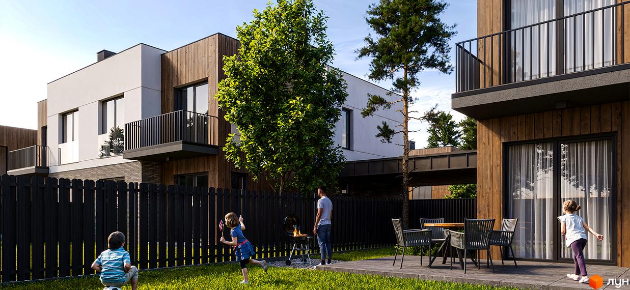 Зображення Котеджного містечка Lumin Town з двоповерховими будинками та великою зеленою ділянкою для відпочинку. На подвір'ї діти граються, а батько готує барбекю.