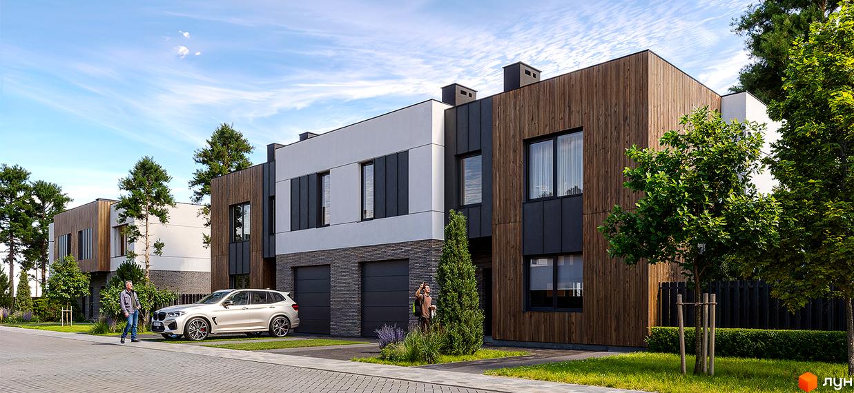 Котеджне містечко КМ Lumin Town: фасади будинків з дерева та білої штукатурки, два гаражі, прибудинкова територія з деревами та автомобілем.