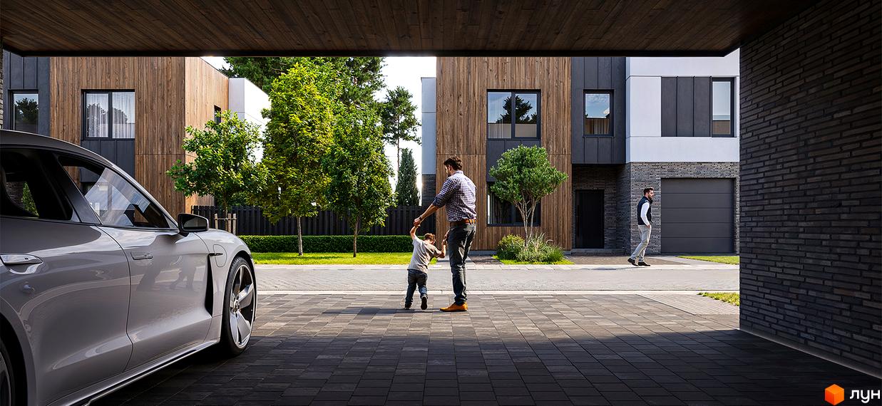 Котеджне містечко Lumin Town з фасадами з дерева та цегли, великими вікнами. Зелена територія з деревами та бруківкою перед будинками.