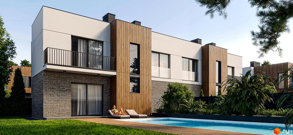 Зображення будинку в Котеджному містечку Lumin Town з басейном та зоною відпочинку. Двоповерховий будинок з дерева та цегли.