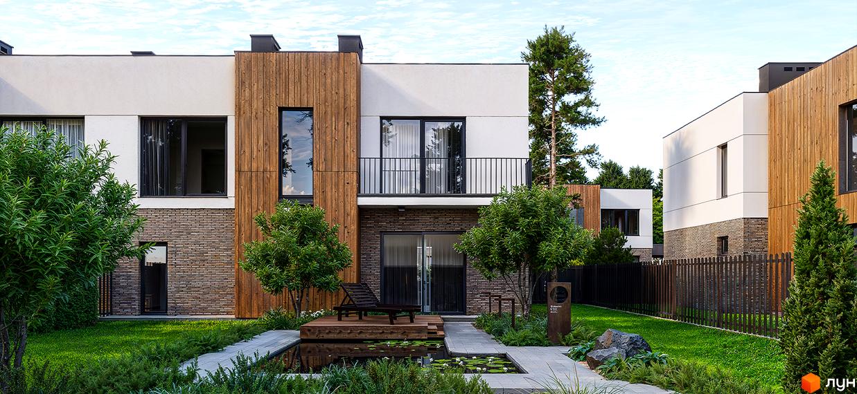 Зовнішній вигляд будинку в Котеджному містечку Lumin Town. На фото прибудинкова територія з ландшафтним дизайном та водоймою.