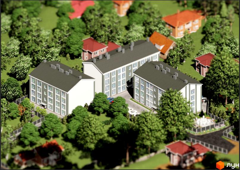 Зовнішній вигляд новобудови ЖК Сонячний з багатьма вікнами та сірим дахом, оточений деревами та зеленими насадженнями. На прибудинковій території видно доріжки та фонтан.