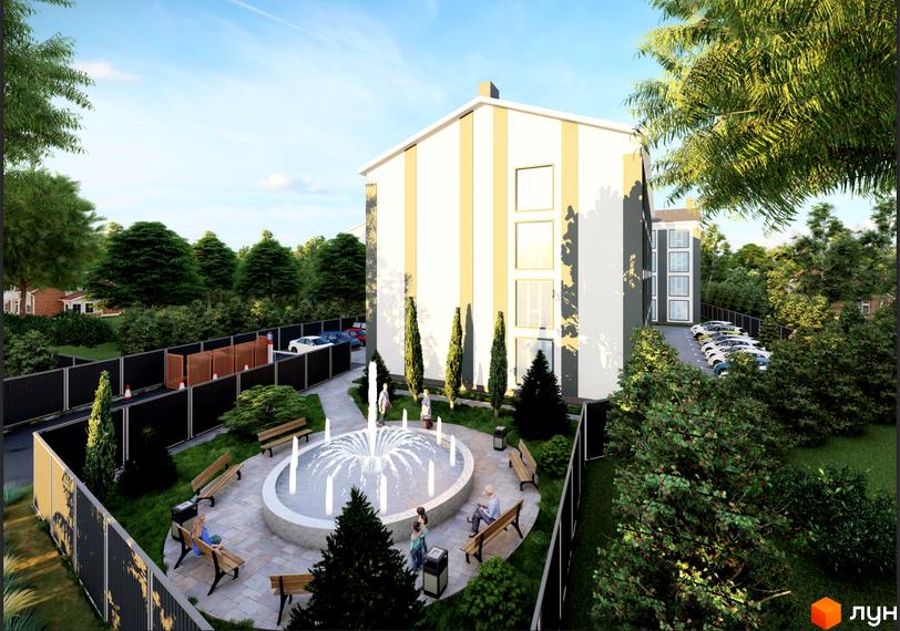 Зображення Житлового комплексу Сонячний з фонтаном у дворі та лавками для відпочинку. Вигляд новобудови з прибудинковою територією.