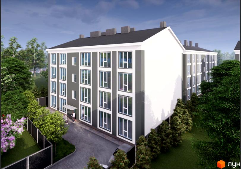 Зображення фасаду та прибудинкової території Житлового району Сонячний. Багатоповерховий будинок з великими вікнами та озелененням.