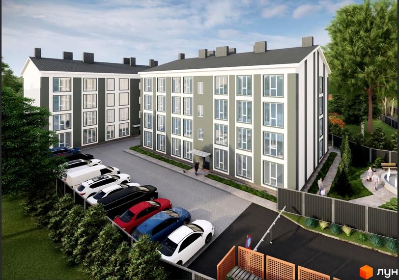 Зовнішній вигляд новобудови ЖК Сонячний з паркінгом та зеленими насадженнями. Сучасна архітектура та зручна прибудинкова територія.