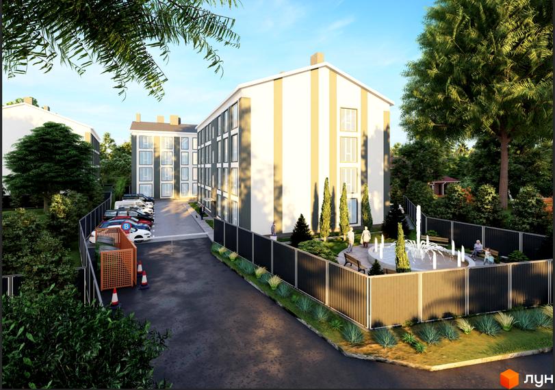 Зображення Житлового комплексу Сонячний з фасадом будинку та прибудинковою територією з фонтаном. Вигляд ззовні.