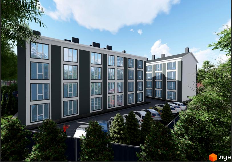 Зображення фасаду та прибудинкової території Житлового комплексу Сонячний. На передньому плані дерева.