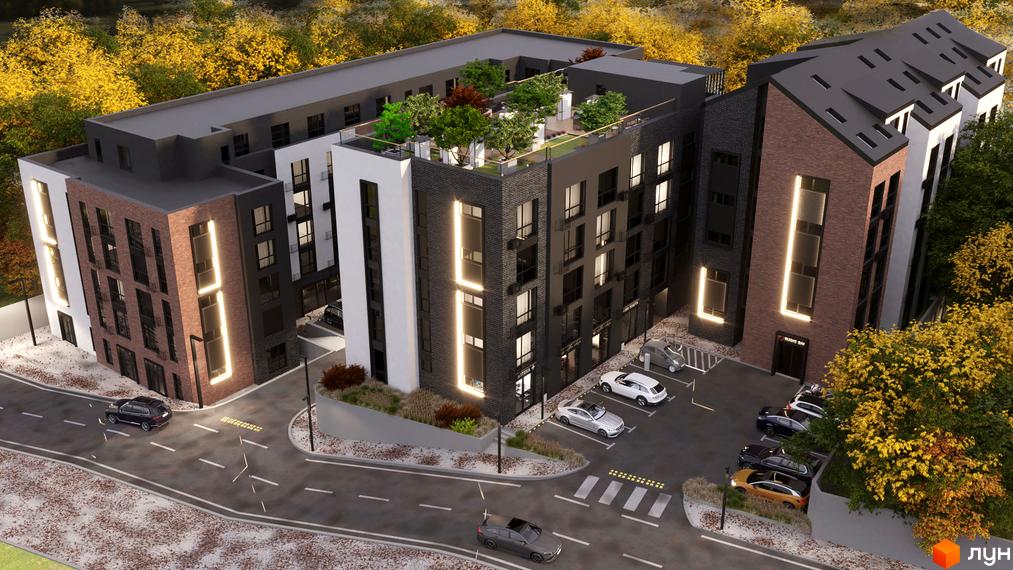 Зображення Житлового комплексу K11 з фасадом з цегли, прибудинковою територією та парковкою для автомобілів.