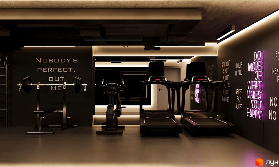 Інтер'єр спортзалу у Житловому районі K11 з тренажерами та мотиваційними написами на стінах. Просторе приміщення для занять спортом.
