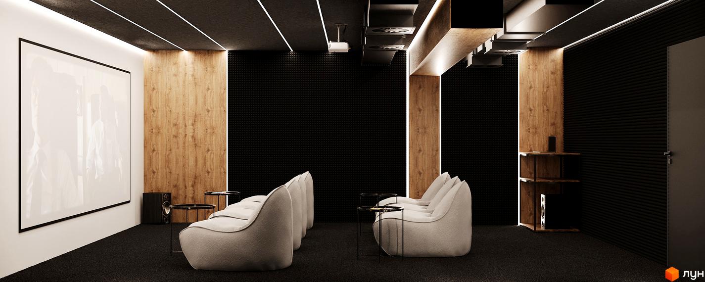 Інтер'єр кінозалу з великим екраном, зручними кріслами та акустичними панелями на стінах. Освітлення забезпечують світлодіодні смуги на стелі.