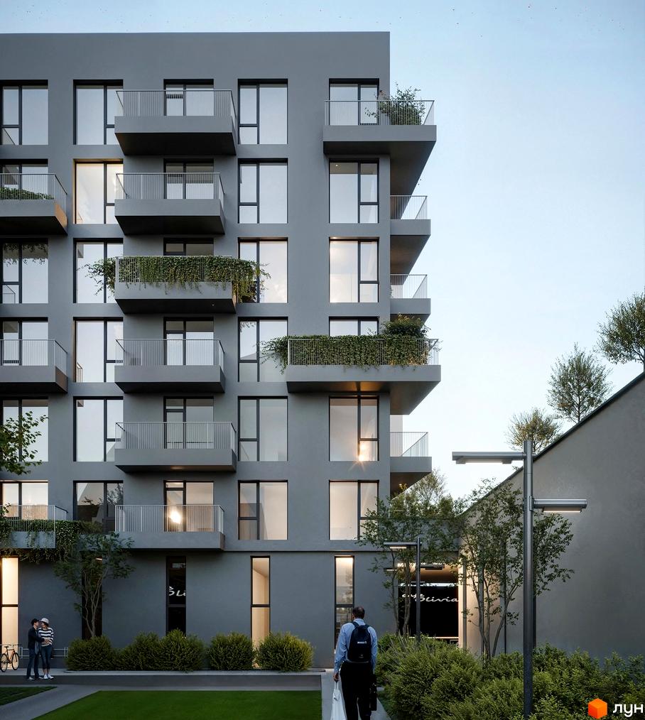 Житловий комплекс MONTREAL – це сучасна багатоповерхова будівля з балконами та зеленню, оточена доглянутою прибудинковою територією з деревами та освітленням.