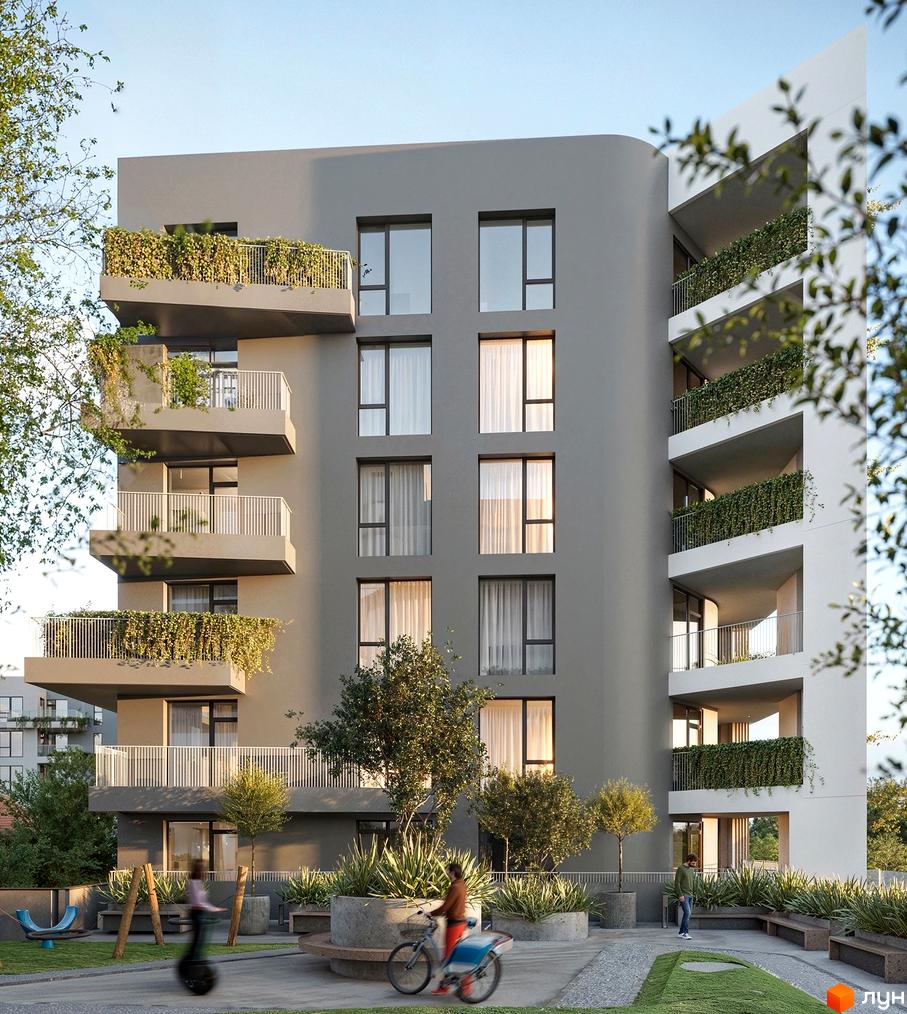 Житловий комплекс MONTREAL – це сучасна багатоповерхова будівля з балконами, озелененими рослинами, та доглянутою прибудинковою територією з зонами відпочинку.