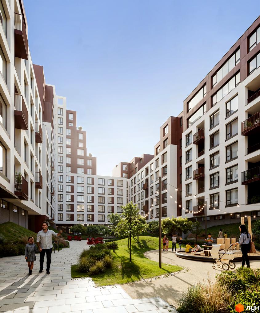 Житловий комплекс Зоряні: фасади будівель з коричневими та білими елементами, внутрішній двір з зеленими зонами та місцями для відпочинку.