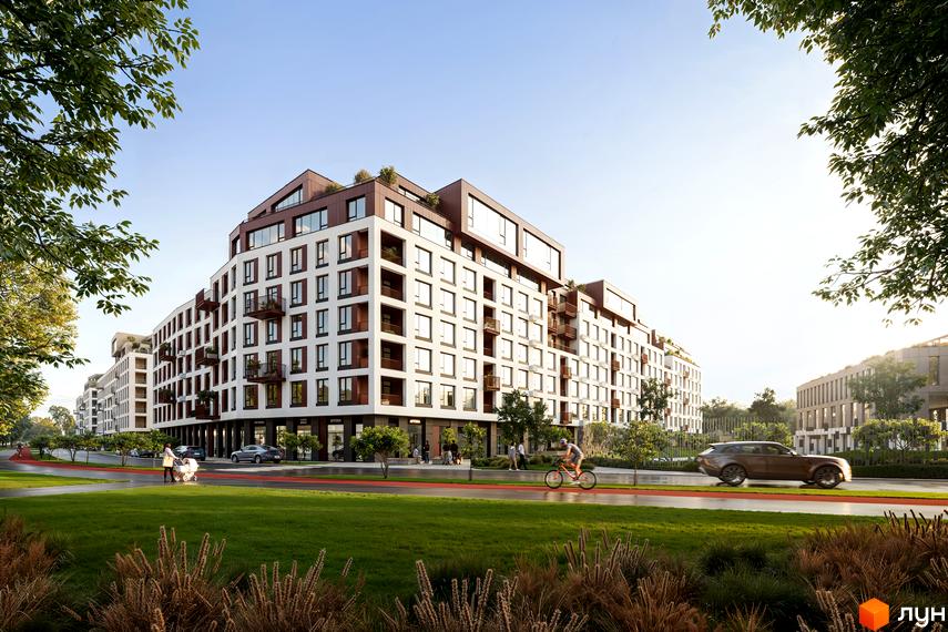 Зображення Новобудови Зоряні з фасадом білого кольору та коричневими вставками. На передньому плані зелений газон та пішохідна доріжка.