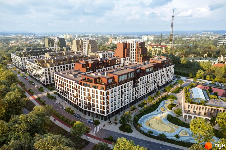 Зовнішній вигляд житлового комплексу Зоряні з білими фасадами та коричневими акцентами, прибудинкова територія з дитячим майданчиком та зеленими зонами.