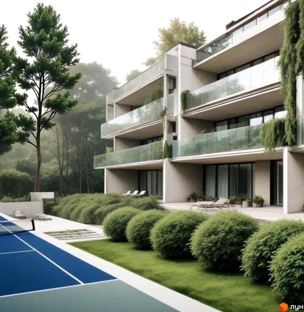 XO RESIDENCE: Багаторівневий будинок з панорамними вікнами та скляними балконами, оточений зеленню та з тенісним кортом.