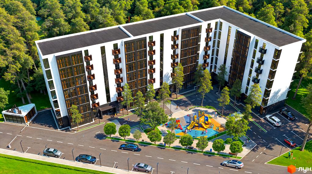 Житловий комплекс Sherwood з білим фасадом та великими вікнами, з дитячим майданчиком та парковкою на прибудинковій території.