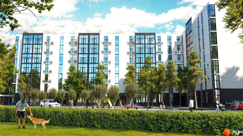 Зображення фасаду Новобудови Sherwood з великими вікнами та прибудинковою територією з газоном і деревами.