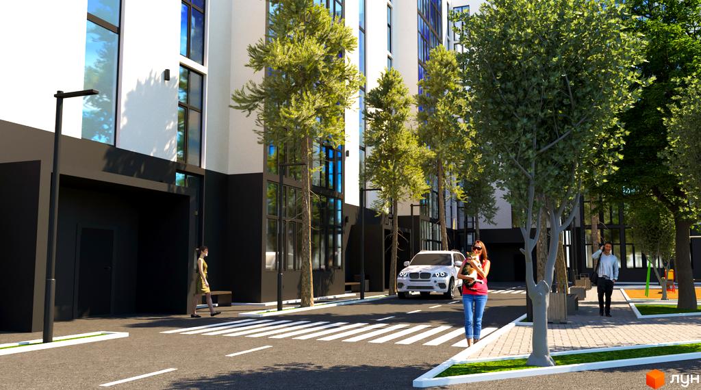 Житловий комплекс Sherwood: фасади будівель з великими вікнами та прибудинкова територія з деревами та пішохідним переходом.