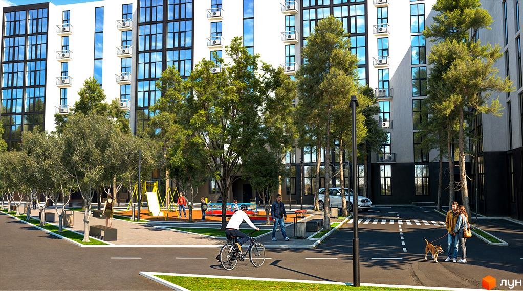 Житловий комплекс Sherwood: біла багатоповерхова новобудова з великими вікнами та балконами, зелена прибудинкова територія з деревами, дитячим майданчиком та зонами для відпочинку.