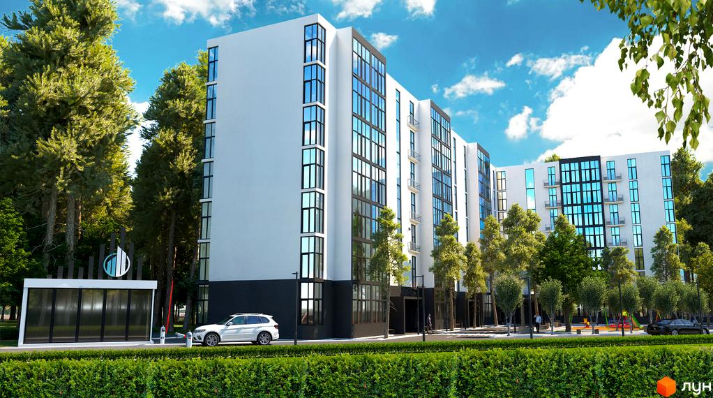 Зображення фасаду та прибудинкової території Житлового комплексу Sherwood. На фото багатоповерховий будинок з великими вікнами та зелені насадження.