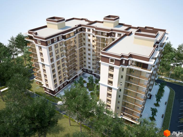 Житловий комплекс Кампа - багатоповерховий будинок з коричневими та бежевими фасадами, скляними балконами та зеленими деревами навколо. На території є доглянута прибудинкова територія з доріжками та лавками.